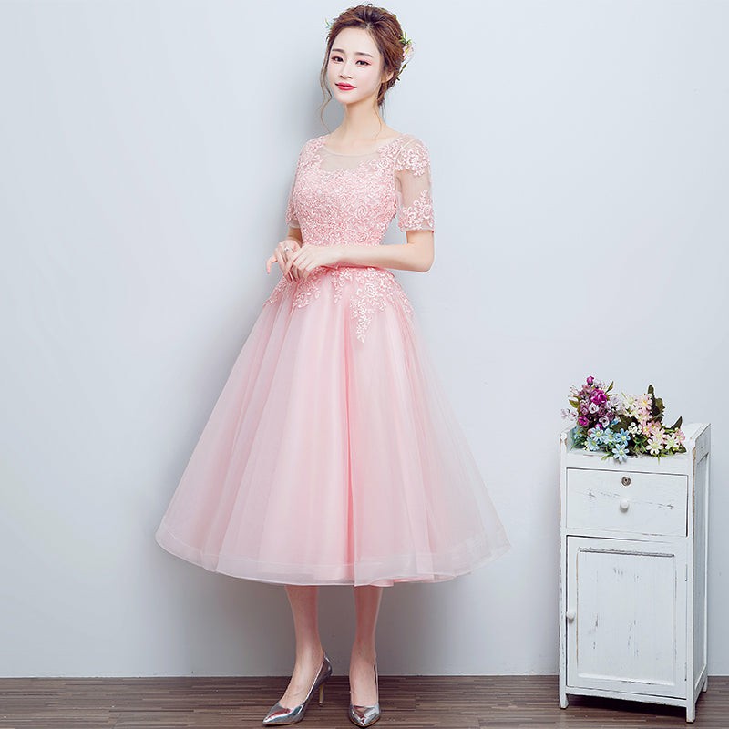 Pretty Pink Tulle Tea Length Bridesmaid Dress, Tulle with Lace Party Dress
